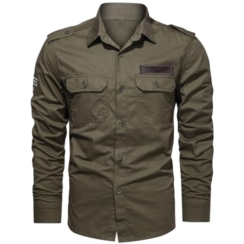 Hombre Camisas de Trabajo, Ropa de Militar de Manga Larga con Botones,Cargo Shirts, 2 Bolsillos, Regular Fit para Pesca, Tala, Senderismo, Caza，ArmyVerde1907，L