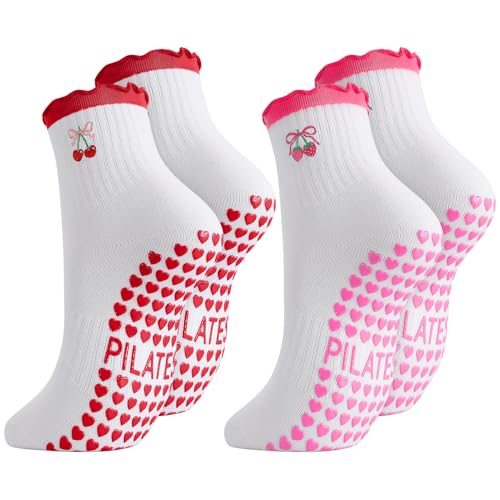 Image of Jspupifip 2 /4 /5 Pairs Womens Embroidery Non Slip Pilates Yoga Socks | Cute Grippy Crew Socks Offered Fit Barre Workout Hospital Indoor Barefoot Daily Activities For Ladies