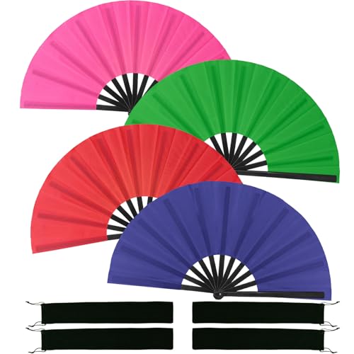 EOSAU 4 Pcs Boots on The Ground Hand Fan, Large Rave Fan Clacking Fans for Line Dancing Popping Folding Hand Fan Foldable for Kungfu Festival EDM Party Music (Blue Green Red Pink)