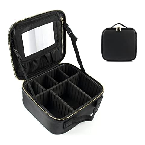 Cosmetic Bag with Mirror, Professional Makeup Storage Bag, Cosmetic Box, Waterproof, Artist Cosmetic Bag, PU Leather Cosmetic Bag, Adjustable Divider, black Cover