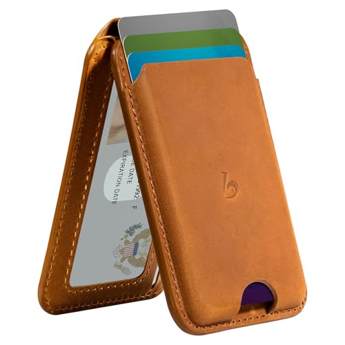 Belemay Strong Magnetic Wallet for MagSafe with Adjustable Stand Crazy Horse Leather Card Holder Up to 5 Cards RFID Blocking Slim for iPhone 17/16/15/14/13/12 Series Men & Women - Sunset Tan