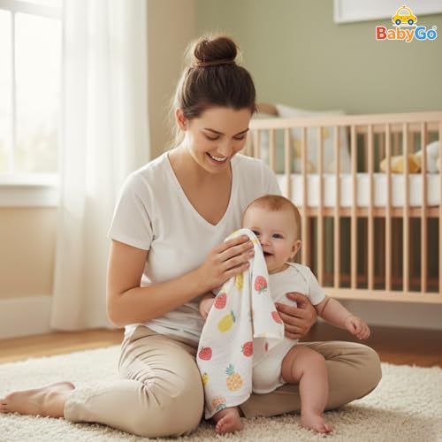 Image of BabyGo Muslin Baby Washcloths - 6 Layer Ultra Soft Cotton Baby Towels | Highly Absorbent Face Towels for Newborns, Kids & Toddlers | Quick Dry Burp Cloths & Bath Essentials (Large) - Pack of 5