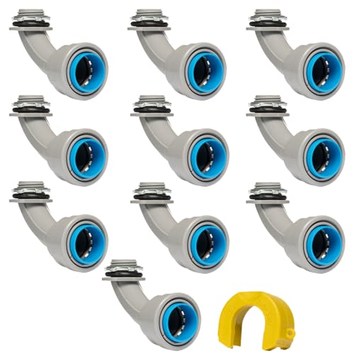 QuickFitting 3/4 Inch PVC Conduit 90 Degree Elbow, Push to Connect Electrical Fitting with Slip Clip Disconnect Tool for Rigid Schedule 40 and 80 PVC Conduit, Junction Box Connectors, 10 Pack