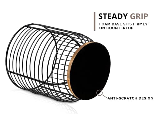 Mosjos Extra Large Black Utensil Holder With Wooden Base - Farmhouse Utensil Storage - Wire Crock Kitchen Countertop Organizer - 7.2 X 6.2 Cooking Utensil Holder #TOP5