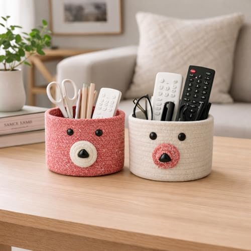 Image of Teddy Eco-Friendly Cotton Rope Basket Set of 2 (6x6 Inch) - Remote Holder for Living Room & Remote stand for Table, Makeup organisers, Jute Planter Basket & Jute Pots for Plants (Red & White)