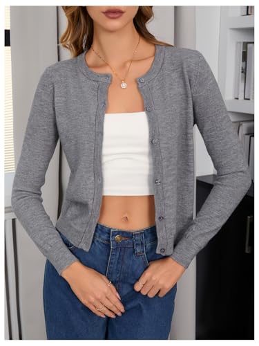 SweatyRocks Women's Light Weight Cardigan Round Neck Long Sleeve Button Down Sweaters Knitwear3