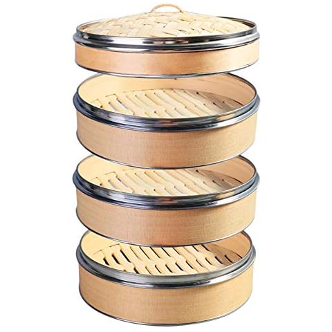 Hcooker 3 Tier Kitchen Wood Steamer with Double Stainless Steel Banding for Asian Cooking Buns Dumplings Vegetables Fish Rice Cover