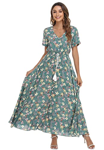 Image of VintageClothing Women's Floral Maxi Dresses Boho Button Up Split Summer Casual Long Dress Beach Party Dress