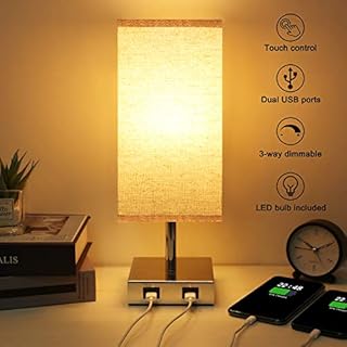 Seealle Touch Control Table Lamp USB Touch Lamp with 2 USB Charging Ports,3 Way Dimmable Beside Table Lamp, Modern Touch Lamp for Nightstand, Bedroom, Living Room, Dining Room(LED Bulb Included)