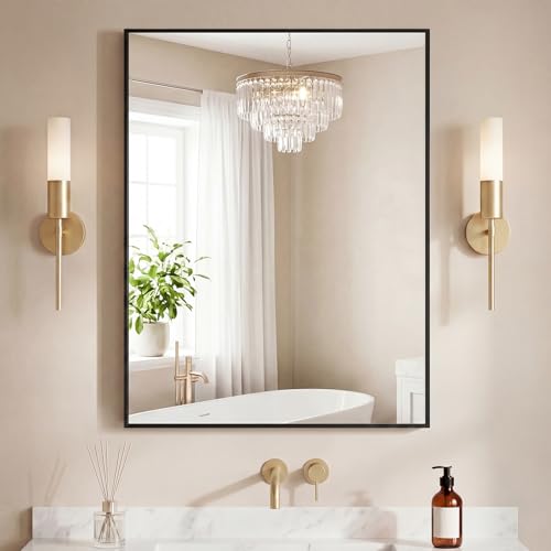 Image of NEWBULIG 30 inchx36 inch Wall Mirror, Bathroom Mirrors for Over Sink, Black | Matte Metal Framed Vanity Mirror with Tempered Glass, Entryway, Living Room, Bathroom