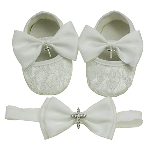 Image of Nihao Baby Girls White Baptism Shoes and Headband Set Christening Dress Shoes