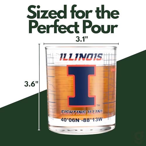 Image of Greenline Goods University of Illinois Fighting Illini Whiskey Glasses Set of 2, 10 oz Rocks Glasses with Full-Color Logo & Campus Map - Officially Licensed Bourbon Glass Gift for Alumni & Fans