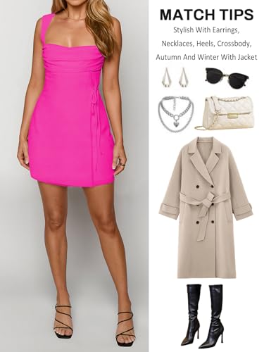 Image of Women's Sexy Ruched Mesh Midi Short Dresses for Women Square Neck Fitted Elegant Club Party Cocktail Dress