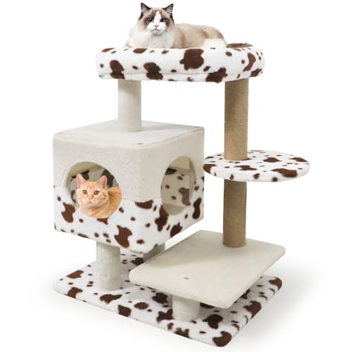 Árbol para gatos pequeño de 30 pulgadas con poste rascador y casa miniatura 1