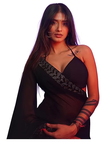 Image of Sidhidata Women's Georgette HotFixed Siroski Work Boarder Saree With Unstitched Blouse Piece (Heart Free Size)