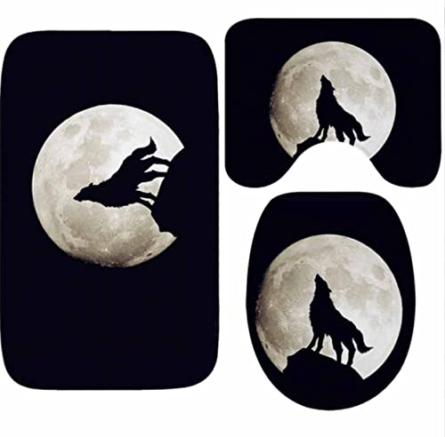 BOJTAN 3 Teilig Badematte Set Schwarzer Wolfsmond 2 3D Badematten Set rutschfest, Badezimmerteppich,U-förmiger WC…
