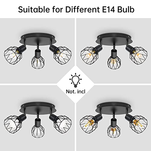 Dehobo Led Deckenstrahler Schwenkbar 350°, Deckenleuchte E14 3 Flammig Schwarz, Spotleuchte Wand, Deckenlampe Spots Led, LED Wandstrahler für Küche, Wohnzimmer, Schlafzimmer, Nein E14 Leuchtmittel