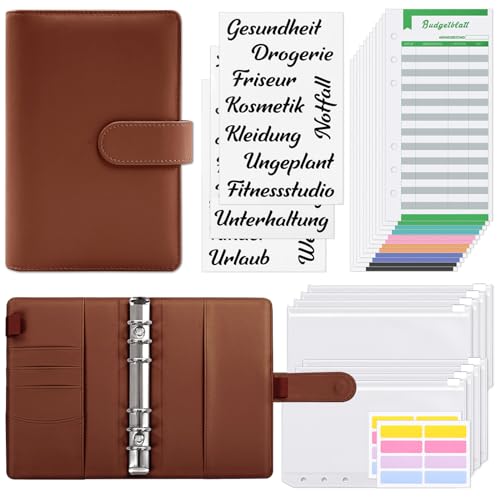 KONVINIT Budget Planner Deutsch Budget Binder A6,Budgetplaner Geldumschläge Umschlagmethode Sparen,Sparbuch mit Folien,Geld Organizer mit Budgetbogen,Etiketten,braun