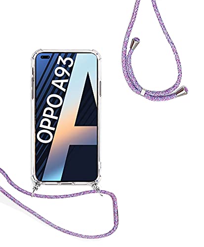 Funda con Cuerda para OPPO A93 / Reno4 F / Reno4 Lite, Carcasa Transparente Suave Silicona Case con Correa Colgante Ajustable Collar Correa Carcasa, Arcoiris Morado