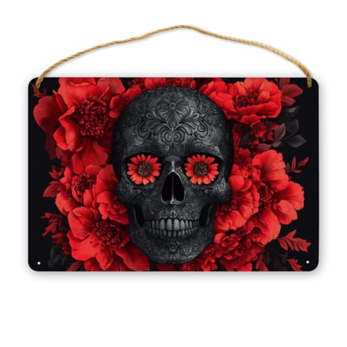 CDSASHCA Vintage Skull Adorned with Bold Red Flowers Wooden Sign 12x8 Inch - Edgy Wall Decor for Dark Art Enthusiasts, Meaningful Gift for Day