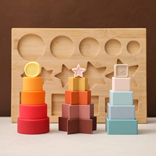 Image of OESSUF Shape Puzzles Silicone Stacking Cups Soft Nesting Cups Rainbow Montessori Shapes Recognition for Boys and Girls Learning Toy for Baby Toddler with Wooden Base