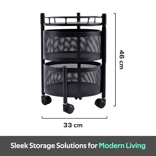 Image of Fun Homes 2 Layer Round Metal Vegetable Rack for Kitchen | Rotating Fruits & Pantry Items Stand | Multipurpose Kitchen Mesh Trolley Storage Rack with Wheels for Home | Onion-Potato Stand | Black