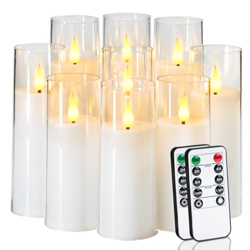 Amagic Pure White Flameless Candles, 9 Pack Battery Operated Candles with Remote and Timer, Acrylic Flickering Electric LED Candles for Wedding, Holiday Decor, D2.2''xH5''6" 7", Warm Yellow Glow