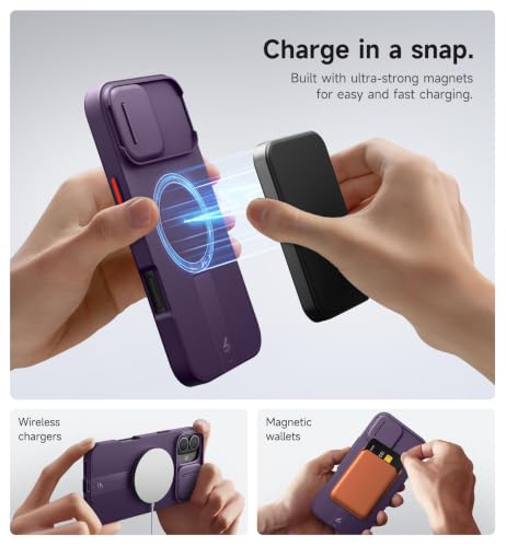 Image of SURITCH for iPhone 16 Plus Case with Magnetic Camera Slide Cover and Adjustable Kickstand, Compatible with MagSafe, Shockproof Bumper Case Slim Protective Cover for iPhone 16 Plus 6.7 Inch,Dark Purple