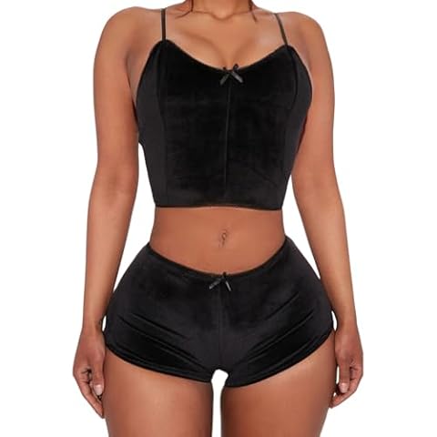 ROSVAJFY Women Sexy Pajama Lingerie Set Velvet Strappy Camisole Babydoll Sleepwear 2 Piece Crop Top and Shorts Solid Underwear Party (US, Alpha, Large, Regular, Regular, Black) Cover