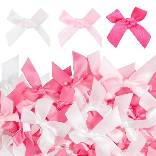 LUHOCIY 90 Pièces Ruban Rose Papillon Decoration, Noeuds Rubans en Satin, Noeuds de Ruban en Satin Auto-Adhésifs, Fabriqué à la Main, Convient Aux Mariage...