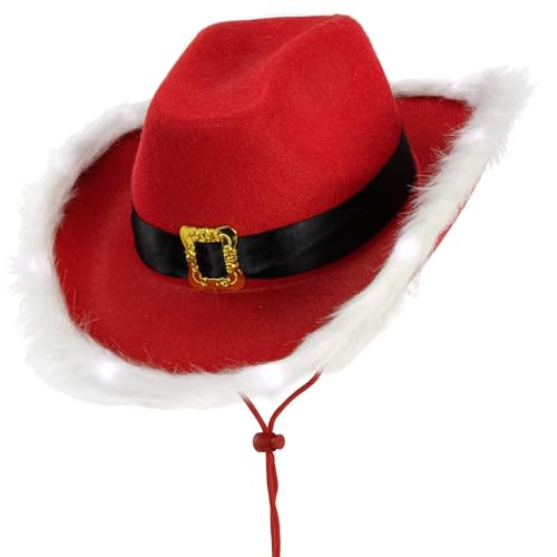 KorhLeoh Cowboy Cowgirl Hat for Men-Women Blinking Tiara Felt Cowboy-Cowgirl Dress Up Hat with Feather Trim Red