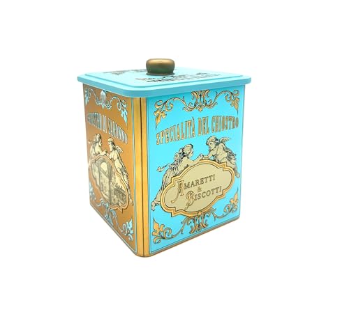 Chiostro di Saronno Assortimento Mix Mini Amaretti del Chiostro Morbidi, Nocciola e Limone 200 g, Amaretti di Saronno Incartati a Mano Singolarmente in Biscottiera Vintage Azzurra