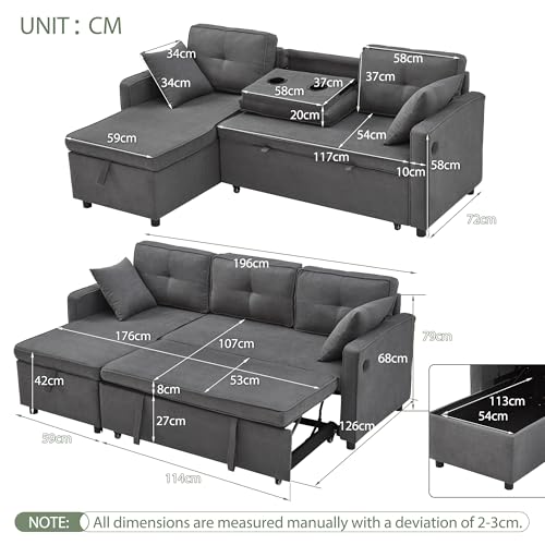 ModernLuxe L-Shaped Sofa, 3-in-1 Convertible Corner Sofa Bed, Modern Reversible Day Bed with Storage Chaise, Drop-Down Table, Cup Holders, and Built-in Charging Ports (USB & Type-C), Grey - Image 2