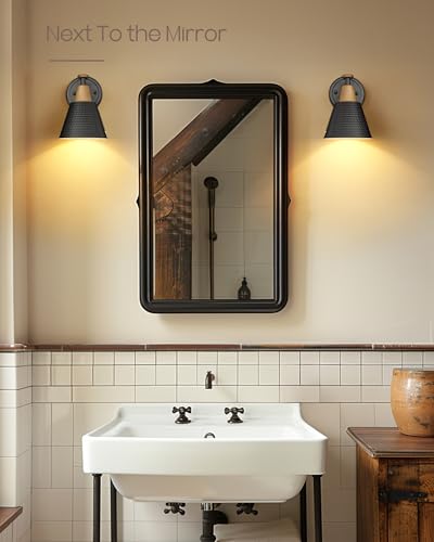 Image of FEMILA Black Wall Sconces, Rustic Industrial Wall Lamps, 1-Light Sconces Wall Lighting with Hammered Metal Shade, Bathroom Vanity Light Fixture for Bedroom Living Room Kitchen,4FG59B BK