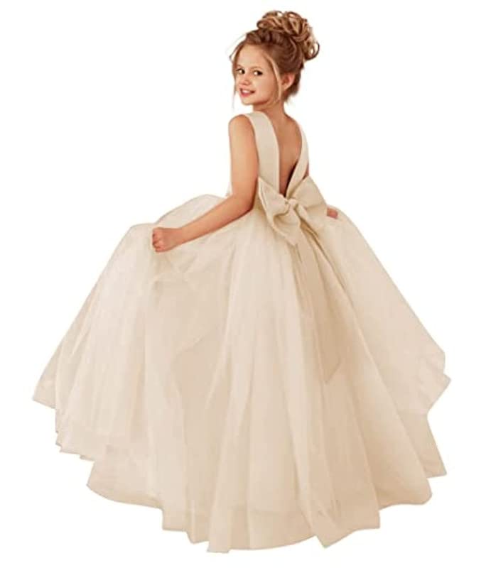 Flower Girls Dress for Wedding Open Back Sleeveless Tulle Princess Pageant Prom Dress with Bow-Knot Puffy Ball Gowns