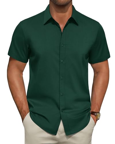 ROUWELL Mens Button Down Shirts Flex Stain Defense Short Sleeve Regular Fit Casual Dress Shirt for Men Dark Green Large