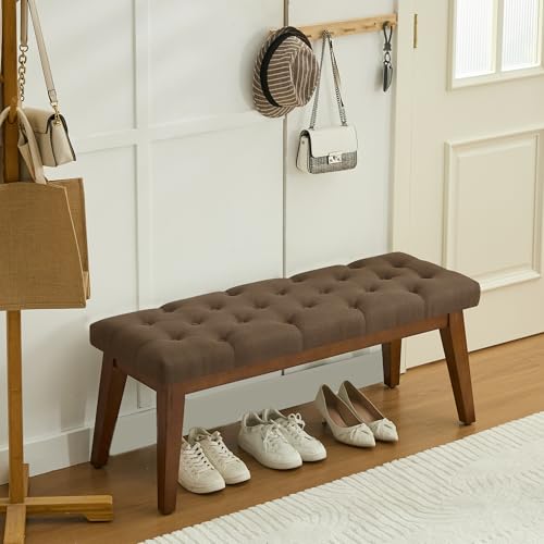 Image of WUTUTUEE 43.5'' Linen Bedroom Bench, Upholstered End of Bed Bench with Tufted Button, Padded Vintage Dining Bench, Entryway Bench with Solid Wood Legs, Kitchen, Living Room, Hallway, Brown Tufted