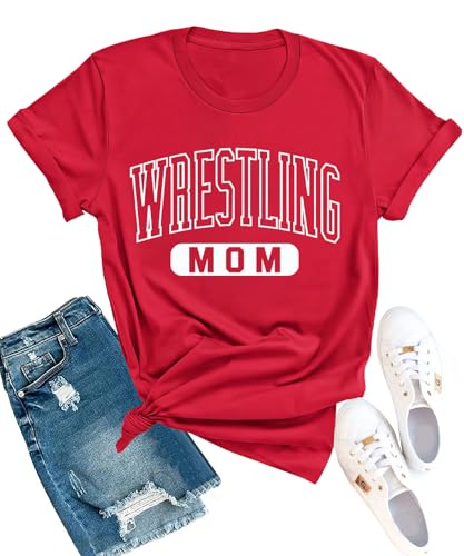 YZMI Wrestling Mom Shirt Women Sports Mama Tshirts Short Sleeve Graphic Tee Tops Gameday Outfits Red L