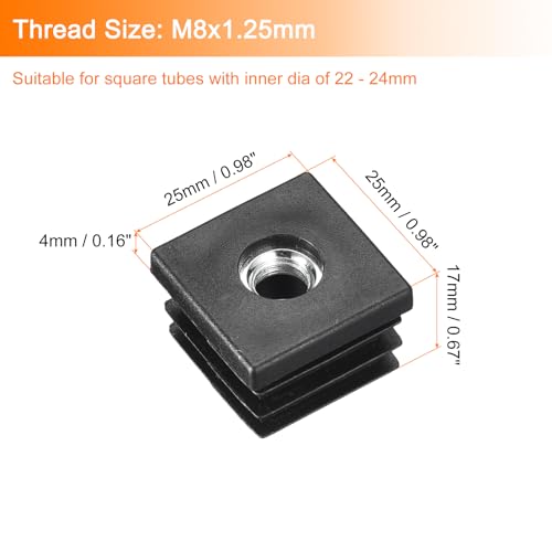 Image of uxcell 10Pcs Inserts for Square Tubes with M8-1.25mm Thread, for 0.98 inchx0.98 inch OD Square Tube, Black Plastic Plug Caster Insert Chair End Caps Furniture