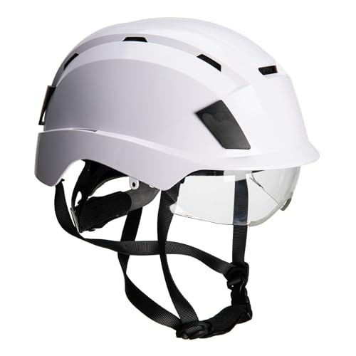 Portwest PS80 Integrated Visor Helmet Safety Head Protection ABS EPS Polycarbonate Shell Integrated Retractable Visor Wheel Ratchet Vented Cooling Airflow Lateral Deformation CE Certified, White