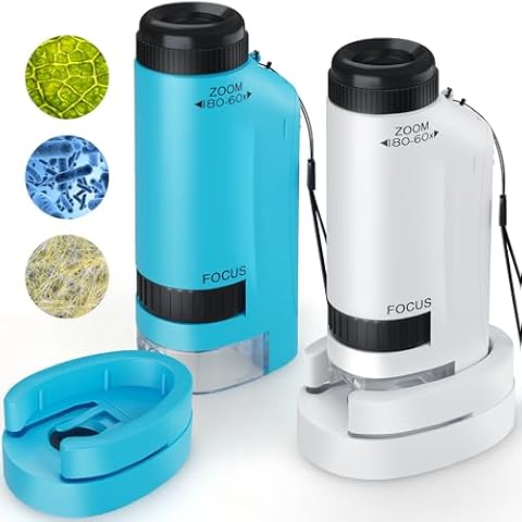Portable Microscope for Kids Zoom 60x-180x,Handheld Mini Microscope STEM & Science Toys,LED Pocket Microscope,Little Scientist Microscope with 12pcs Slides,Gifts for 6,7,8,9,10+ Girls Boys（Blue&White） Cover
