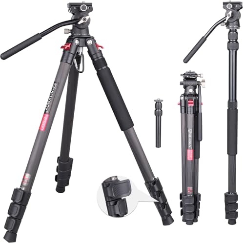 69.7" Lightweight Compact Carbon Fiber Tripod W/Detachable Monopod Video Head，Carbon Fiber Tripod, Lever Lock Professional Heavy Duty Camera Tripod Head