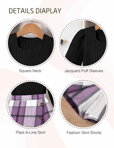 Image of AGAPENG Girl Skirt Sets 3 Piece Outfits Square Neck Jacquard Puff Sleeve Tops Plaid Mini Skirt Shorts Fall Winter Clothes