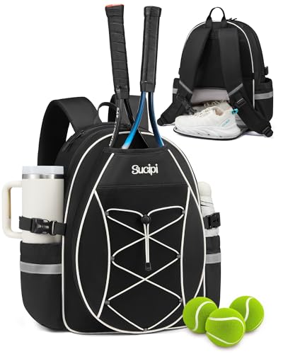 Sucipi Tennis Bag for Kids Professional Youth Tennis Bag Backpack to Hold 2 Rackets Tennis Gifts for Boys Girls Black