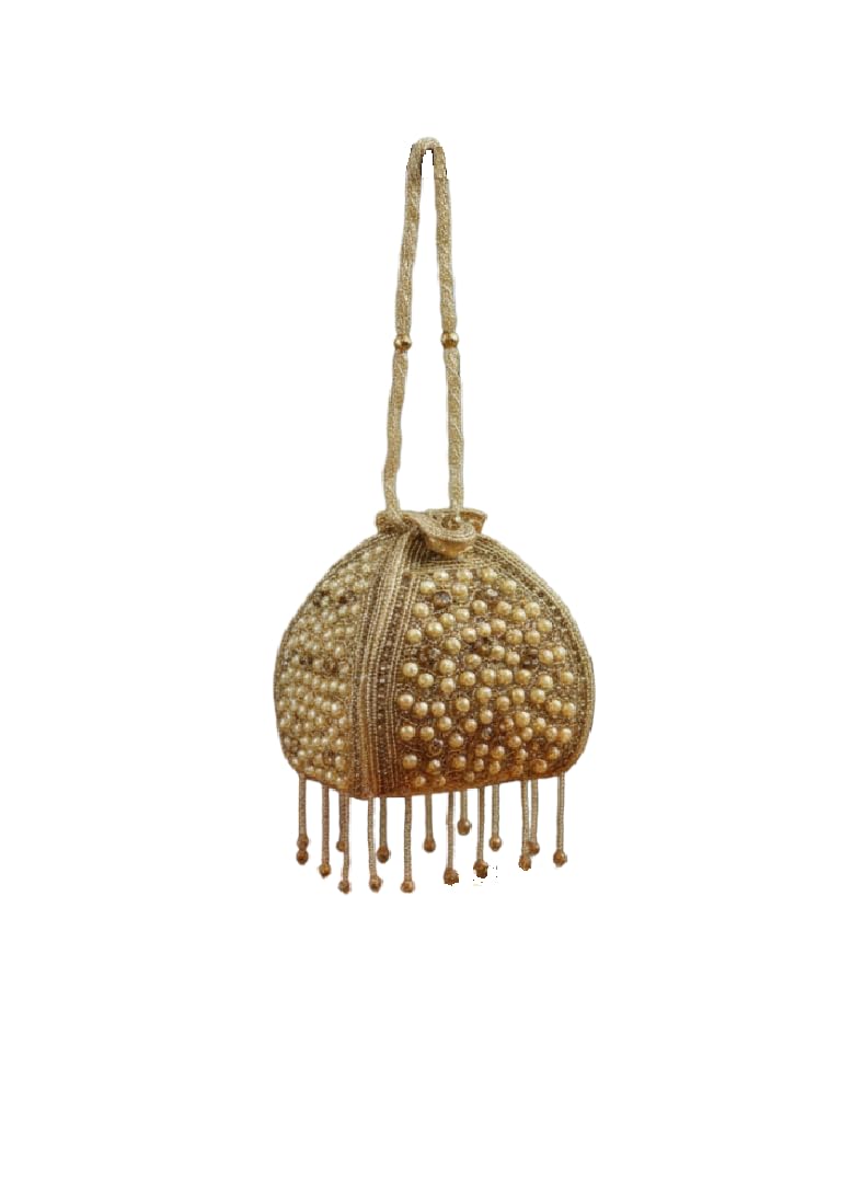 Traditional Gold Pearl Embellished Potli Bag for Women, Handcrafted Ethnic Drawstring Evening Clutch for Wedding, Bridal Wear, and Festive Occasions-image-14