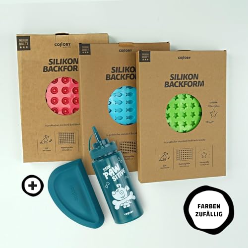 Collory große Backmatten Hundekekse Starter Paket inkl. Zubehör (5er Set), Hundeleckerlis in MINI backen, Dosierflasche und Schaber, Lebensmittelecht & Bpa-frei