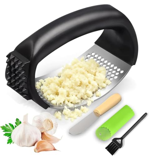 Stainless Steel Garlic Press Rocker Set - Heavy Duty Garlic Mincer, Crusher & Chopper with Silicone Peeler, Scraper & Cleaning Brush - Effortless Smasher and Grinder Tool for Easy Kitchen Prep (Green)