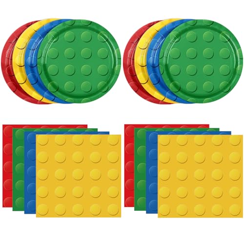 DURYGEN 80PCS Building Blocks Themed Birthday Party Decorations Colorful Building Block Tableware Paper Plates Napkins Set for Boys Kids Birthday Party Decorations Serve 20