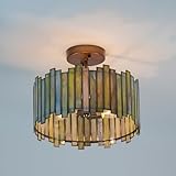 Wrlmfy Antique Brass Ceiling Light Fixture in Drum Shape, 12.5” Semi Flush Mount Stained Tiffany Lamp with Mable Green Glass, 3 Light Round Ceiling Hanging Lighting for Foyer Hallway Bedroom Kitchen