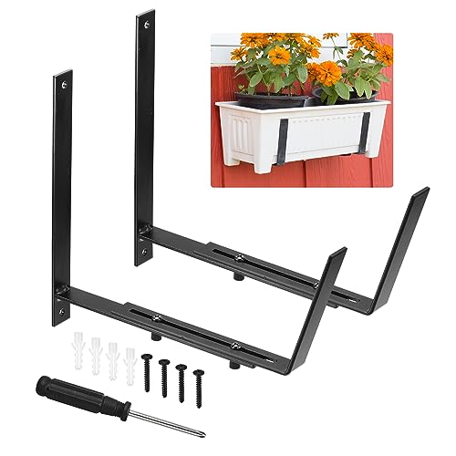 sourcing map Adjustable Window Planter Box Brackets Universal Window Box Holder, Iron Flower Box Wall Mounting Hooks for Balcony, Fences, Patio, and Garden (2 PCS)